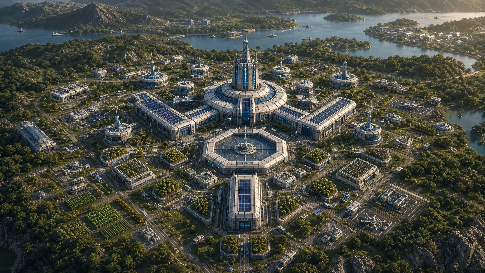 A developed planetary colony centered on a circular command complex beside lakes and mountains